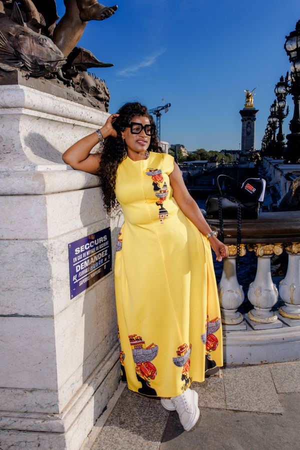 Portrait of a woman in yellow long dress, Pont Alexandre III, Paris
