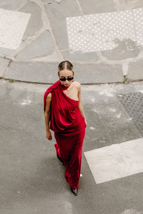Red dress portrait on the street below the staircase