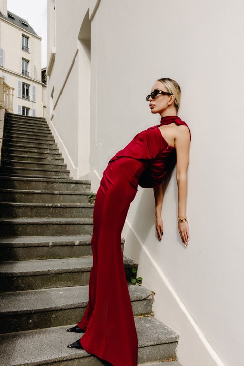Full-length red dress portrait on the staircase