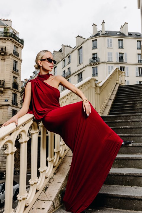 Red dress portrait on a staircase in Paris